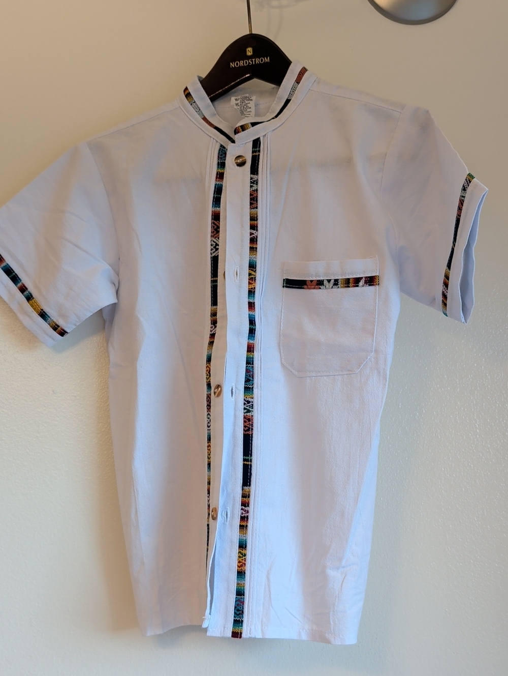 Boys Cotton White Short-Sleeve Shirt with Multicolor Trim